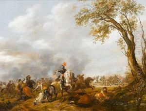 A Cavalry Skirmish With An Officer On A Rearing Horse by Jan the Younger Martszen