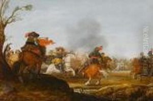 A Cavalry Battle With A Trumpeter On A Bank In The Foreground