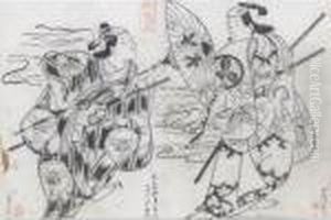 A Sumizuri Album Plate Of Two Actors