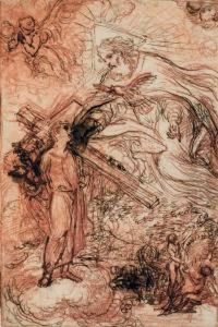 Dieu Le Pere Apparaissant Au
Christ Enfant Portant La Croix Sur Des Nuages Et Adam Et Eve Au Paradis by Agostino Masucci