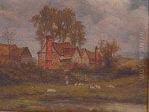 M Mascall - Farmstead With Livestock And Figure