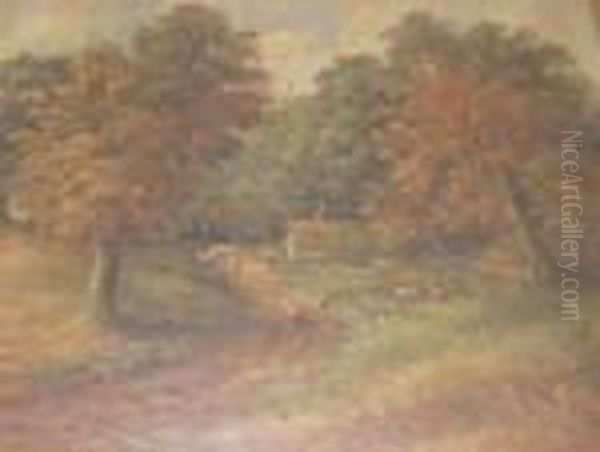 Rural Landscape Scene With Figures, Farm Animals And Cottage - view 1
