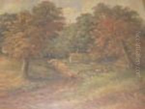 Rural Landscape Scene With Figures, Farm Animals And Cottage by Christopher Mark Maskell