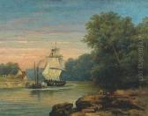 A Paddlesteamer Towing A Ship Up River A Paddlesteamer Towing A Ship Up River