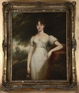Three Quarter Length Portrait Of A Young Woman In White Dressholding A Rose by John James Masquerier