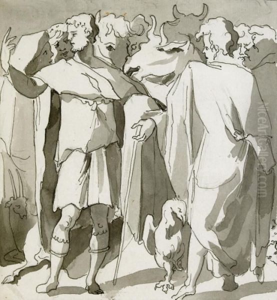 Figurstudie Med Mantelkladda Man Och Boskap - view 1