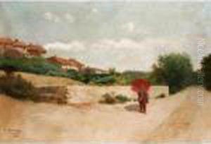 Landscape With A Figure Holding A Red Umbrella by Francisco Masriera y Manovens