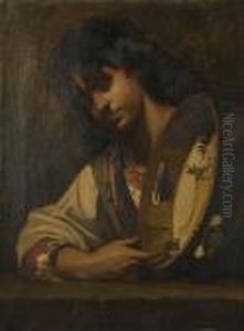 Gypsy Girl With A Tambourine. Signed Upper Left And Dated 1873. by Benedict Masson