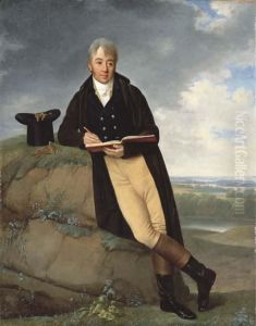 Portrait Of A Gentleman, 
Full-length, In Buff Breeches With A Dark Blue Jacket, Sketching, His 
Top-hat And Gloves On A Rock Beside Him, A Landscape Beyond
