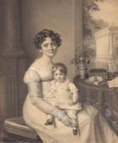 Portrait De Madame Hottinguer,
Nee Delessert, Avec Son Filsbenjamin Dans Un Interieur Avec Un Bouquet
De Fleurs Et Des Livressur Une Table, Un Edifice Avec Des Colonnes Au
Second Plan - view 1