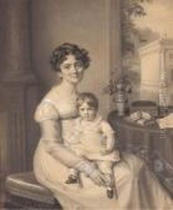 Portrait De Madame Hottinguer,
Nee Delessert, Avec Son Filsbenjamin Dans Un Interieur Avec Un Bouquet
De Fleurs Et Des Livressur Une Table, Un Edifice Avec Des Colonnes Au
Second Plan by Firmin Massot