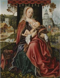 The Virgin And Child In A
Landscape Setting, With The Nativity Andthe Adoration Of The Magi In The
Background by The Master Of Frankfurt