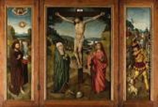 A Triptych; Central Panel: The 
Crucifixion With The Virgin Andsaint John The Evangelist; Wings: Saint 
John The Baptist, Thebaptism Of Christ Beyond; And Saint George Slaying 
The Dragon; Andthe Annunciation En Grisaille (on The Reverse) - view 1