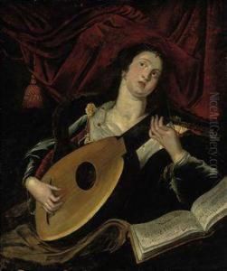 A Lady Playing A Lute by The Master Of The Female Half-Lengths