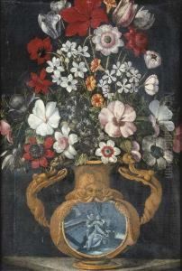 Tulips, Poppies, Narcissi And Other Flowers In A Sculped Vase