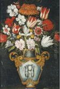 Tulips, Peonies, Narcissi And Other Flowers In A Sculptedvase by Master Of The Grotesque Vases
