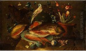 Stilleben Mit Fischen, Fruchten, Blumen Und Einem Paradiesvogel by Master Of The Guardeschi Flowers