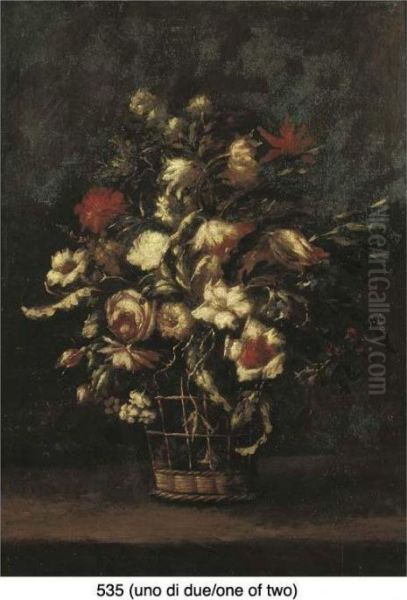 Tulipani, Garofani, Rose, 
Campanule E Altri Fiori In Un Cesto Divimini Su Un Piano Di Pietra; E 
Tulipani, Rose, Garofani, Gelsominoe Altri Fiori In Un Cesto Di Vimini 
Su Un Piano Di Pietra - view 1