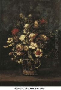 Tulipani, Garofani, Rose, 
Campanule E Altri Fiori In Un Cesto Divimini Su Un Piano Di Pietra; E 
Tulipani, Rose, Garofani, Gelsominoe Altri Fiori In Un Cesto Di Vimini 
Su Un Piano Di Pietra