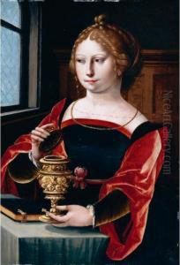 The Magdalene Seated At A Table By A Window, Holding A Gold Encrusted Urn by Italian Unknown Master