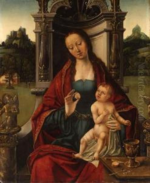 The Virgin And Child Enthroned, A Hilly Landscape With A Castlebeyond - view 1