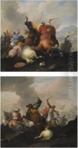 A Pair Of Battle Scenes Between Christians And Ottomans by Marzio Masturzio
