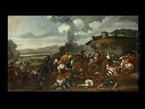 Reiterschlacht In Weiterlandschaft Mit Festung Auf Einem Hugel by Marzio Masturzio