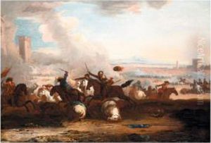 A Cavalry Engagement Before A Fortified Town by Marzio Masturzio