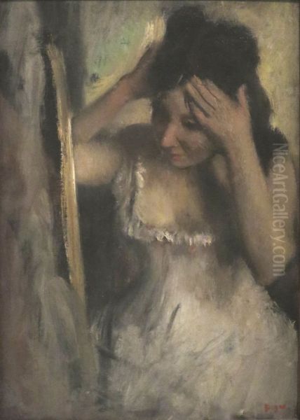 Woman Combing Her Hair before a Mirror - view 1