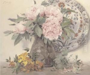 Peonies In A Vase With An Ornamental Plate