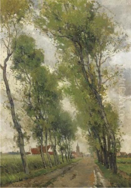 A Treelined Countryroad With A Village In The Distance - view 1