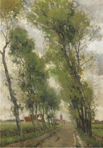 A Treelined Countryroad With A Village In The Distance by Paul Mathieu