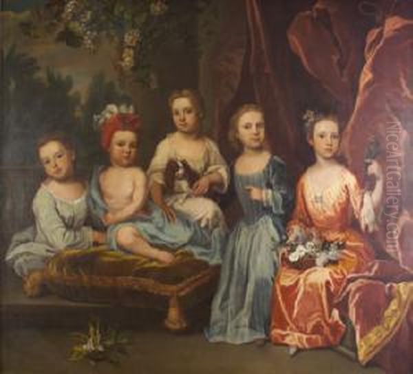 A Portrait Group Of The Smith
Children On A Terrace With A Spaniel, Basket Of Flowers And A Parakeet. - view 1