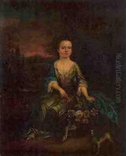 Portrait Of A Young Girl, Full
Length, In A Green Dress Beside A Basket Of Flowers And A Spaniel With A
Wooded River Landscape Beyond - view 1
