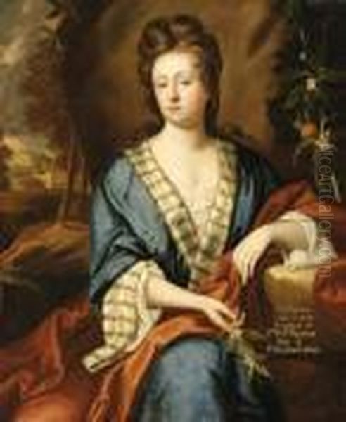 Portrait Of Catherine, Lady 
Lister, Seated Three-quarter Length,wearing A Blue Dress And Orange 
Shawl, Holding A Sprig Of Orangeblossom - view 1