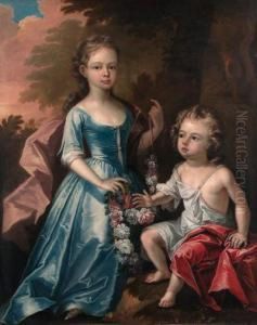 Double Portrait Of A Young Girl,
Full-length, In A Blue Satin Dressand Mauve Wrap, Holding A Wreath Of
Flowers, And A Young Boy Inclassical Dress, In A Wooded Landscape by James Francis Maubert