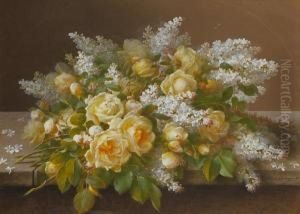 Yellow Roses And Lilac by Raoul Maucherat de Longpre