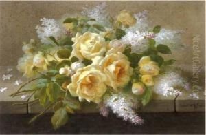 Still Life Of Yellow Roses And Lilac by Raoul Maucherat de Longpre