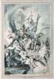 Un Pape Entoure De Saint Francois, Sainte Therese Et Saint Sebastien