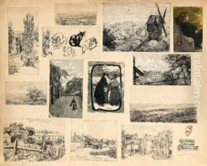 Vues De Montmartre. 14 Sujets
(chats, Vues De Montmartre, Femmes?) Vers 1895. Exceptionnelle Planche
Portant 8 Sujets Imprimes Et 5 Colles. by Charles Maurin