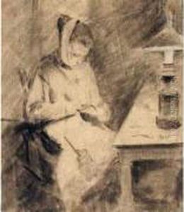 Femme Cousant A La Lueur D' Une Lampe.