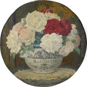 Red And White Roses In A Bowl Before A Chinese Lacquer Screen