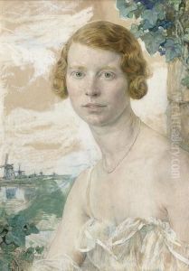 Portrait De Femme Avec Collier De Perles by Edgard Maxence