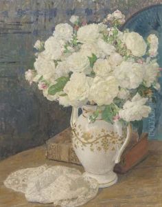 White Roses In A Vase, A Lace Handkerchief And A Book On A Table Inan Interior