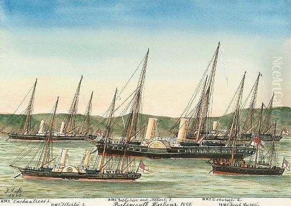 H.m.s. 'enchantress', H.m.s. 
'victoria' And 'albert 2', H.m.s. 'alberta' And H.m.s. 'royal George' In
 Portsmouth Harbour 1886, And A Set Of 6 Others - view 1