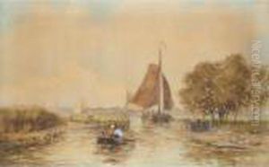 Barges In A Dutch Landscape by Walter William May