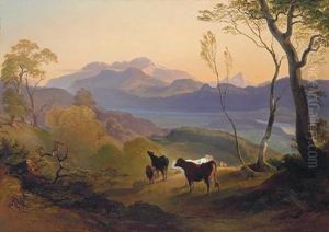 Weidende Kuhe Neben Weiter Flusslandschaft Weidende Kuhe Neben Weiter Flusslandschaft