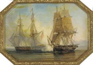 Deux Voiliers S'affrontant Pres D'une Cote by Auguste Etienne Francois Mayer