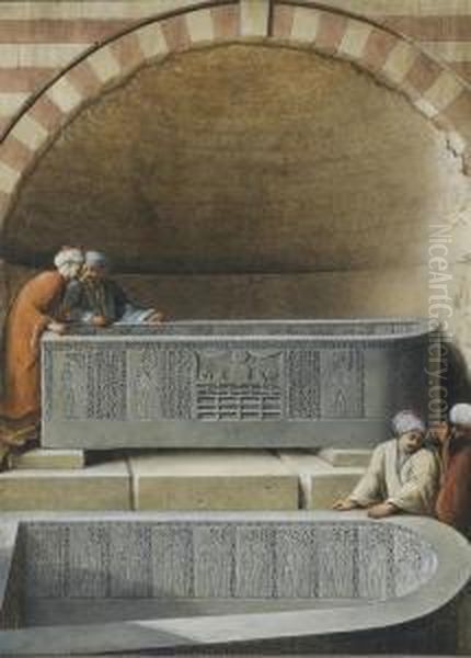 Figures In A Tomb Examining Basalt Sarcophogae, Cairo - view 1