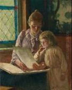 Mother And Child Looking At A Portfolio